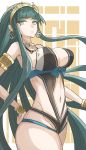  1girl absurdres bracelet breasts cleopatra_(fate/grand_order) collar cowboy_shot earrings fate/grand_order fate_(series) gin_moku green_eyes green_hair hairband highres jewelry large_breasts long_hair looking_to_the_side navel swimsuit 