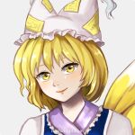 1girl animal_ears blonde_hair close-up fox_ears fox_tail hat hoshiringo0902 lips looking_at_viewer mob_cap multiple_tails simple_background smile solo tail touhou white_background yakumo_ran yellow_eyes 