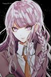  1girl 2018 black_background black_gloves braid dangan_ronpa dangan_ronpa_1 eyebrows_visible_through_hair gloves happy_birthday jacket kirigiri_kyouko long_hair looking_at_viewer orange_neckwear purple_jacket sakuyu shirt side_braid silver_hair single_braid solo upper_body violet_eyes white_shirt 