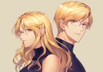  1boy 1girl black_shirt blonde_hair breasts earrings glasses grey_background jewelry large_breasts looking_at_viewer milcho mole mole_under_eye original rimless_eyewear shirt short_hair siblings signature simple_background sleeveless sleeveless_shirt twins upper_body yellow_eyes 