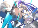  1girl armored_boots blue_eyes boots crotch_plate fate/extra fate/extra_ccc fate/grand_order fate_(series) hair_ribbon highres hoshi_rasuku long_hair meltlilith midriff navel prosthesis prosthetic_leg purple_hair ribbon simple_background sleeves_past_wrists smile solo spikes white_background white_ribbon 