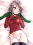  1girl absurdres ass_visible_through_thighs bed_sheet blue_eyes blush breasts brown_hair green_scarf highres long_sleeves love_live! love_live!_sunshine!! lying medium_breasts navel on_back open_mouth panties pantyhose rozen5 scan scarf shiny shiny_hair short_hair sleeves_past_wrists solo stomach sweater turtleneck underwear watanabe_you 