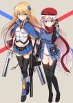  2girls 9a-91 9a-91_(girls_frontline) assault_rifle belt belt_pouch beret black_footwear black_legwear black_panties blazblue blonde_hair blue_capelet blue_dress blue_eyes blue_footwear blue_skirt bolverk boots breasts brown_gloves capelet closed_mouth collared_shirt commentary_request commission crop_top crossover dress dual_wielding full_body girls_frontline gloves green_eyes gun hair_between_eyes hair_ornament hand_up handgun hat holding holding_gun holding_weapon knee_boots long_hair looking_at_viewer medium_breasts midriff miniskirt multiple_girls navel necktie noel_vermillion object_namesake panties parted_lips pleated_skirt pouch rabochicken red_hat red_neckwear red_ribbon red_scarf ribbon rifle scarf see-through shirt short_necktie short_sleeves side-tie_panties sidelocks skirt smile standing star star_hair_ornament stomach thigh-highs thigh_boots trigger_discipline underwear very_long_hair weapon white_gloves white_hair white_shirt zettai_ryouiki 