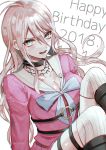  1girl 2018 :d antenna_hair black_footwear blue_eyes blush breasts choker cleavage collarbone dangan_ronpa dated eyebrows_visible_through_hair floating_hair hair_between_eyes happy_birthday iruma_miu long_hair long_sleeves looking_at_viewer medium_breasts neck_ribbon new_dangan_ronpa_v3 open_mouth pink_shirt pink_skirt pleated_skirt purple_ribbon ribbed_legwear ribbon sailor_collar sakuyu shiny shiny_hair shirt silver_hair sitting skirt smile solo twitter_username very_long_hair white_background white_legwear white_sailor_collar 