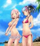  2girls alternate_hairstyle arms_behind_back bangs beach beige_bikini bikini bikini_skirt black_hair blue_hair blush breasts clouds cloudy_sky collarbone dangan_ronpa dated day dot_nose ear_piercing earrings eyebrows_visible_through_hair flipped_hair frills from_side hair_ornament happy highres horns jewelry large_breasts looking_at_another mioda_69ch mioda_ibuki mole mole_on_breast multicolored_hair multiple_girls nanami_chiaki navel necklace palm_tree piercing pink_bikini pink_eyes pink_hair rock sand scar short_hair signature sky small_breasts smile standing stitches sun sunlight super_dangan_ronpa_2 swimsuit tree water white_hair 