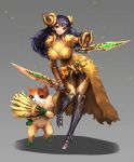  1girl armor black_hair breasts dagger dual_wielding fan felyne gold_armor highres holding kulve_taroth_(armor) large_breasts long_hair monster_hunter monster_hunter:_world notte smile tongue tongue_out weapon yellow_eyes 