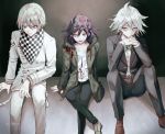  3boys belt black_jacket black_pants blue_eyes brown_coat brown_footwear checkered checkered_neckwear coat dangan_ronpa dress_shirt eyebrows_visible_through_hair glasses group_cosplay hair_between_eyes hands_together hood hood_down hooded_coat interlocked_fingers jacket komaeda_nagito legs_crossed long_sleeves male_focus multiple_boys open_clothes open_coat open_mouth ouma_kokichi pants purple_hair sakuyu semi-rimless_eyewear shiny shiny_hair shirt silver_hair togami_byakuya twitter_username under-rim_eyewear violet_eyes white-framed_eyewear white_jacket white_pants white_shirt 