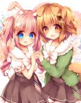  2girls :d animal_ear_fluff animal_ears blue_eyes blush bone_hair_ornament bow brown_bow brown_eyes brown_hair brown_skirt bunny_girl bunny_tail carrot_hair_ornament commentary_request dog_ears dog_girl dog_tail flower food_themed_hair_ornament green_jacket hair_bow hair_flower hair_ornament hairclip hand_holding haru_ichigo highres interlocked_fingers jacket long_hair multiple_girls open_clothes open_jacket open_mouth original pink_hair pleated_skirt puffy_short_sleeves puffy_sleeves rabbit_ears ringlets sailor_collar shirt short_sleeves skirt smile tail twintails very_long_hair white_bow white_flower white_sailor_collar white_shirt 