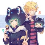  animal_hat belphegor_(reborn) blonde_hair commentary_request ekita_xuan fran_(reborn) green_eyes green_hair hair_over_eyes hat jewelry katekyo_hitman_reborn knife looking_at_viewer male_focus multiple_boys ring shirt smile striped striped_shirt tiara varia 