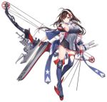  1girl ahoge american_flag american_flag_print anchor anchor_hair_ornament armpits arrow atdan azur_lane bare_shoulders belt black_skirt blue_coat blue_footwear boots bow_(weapon) breasts brown_hair coat crane flag_print flight_deck floating_hair full_body gloves grey_jacket hair_ornament half_gloves high_collar highres holding holding_arrow holding_bow_(weapon) holding_weapon independence_(azur_lane) jacket large_breasts long_hair looking_at_viewer low_ponytail machinery miniskirt mole mole_on_thigh off_shoulder official_art open_clothes open_coat parted_lips pleated_skirt quiver red_eyes red_gloves rigging rudder_footwear sidelocks single_knee_pad skirt sleeveless_jacket slit_pupils solo standing star star_print taut_clothes taut_jacket thigh-highs thigh_boots transparent_background very_long_hair weapon wide_sleeves 