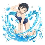  1girl adjusting_hair all_fours arm_support barefoot black_eyes black_hair blue_swimsuit breasts cleavage collarbone full_body hair_ornament hairclip highres kirigaya_suguha large_breasts looking_at_viewer official_art school_swimsuit short_hair solo swimsuit sword_art_online transparent_background water 