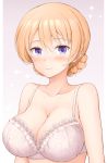  1girl bangs bare_shoulders blonde_hair blush bra braid breasts chacharan cleavage closed_mouth collarbone commentary_request darjeeling eyebrows_visible_through_hair girls_und_panzer hair_between_eyes highres medium_breasts short_hair smile solo underwear underwear_only upper_body violet_eyes white_bra 