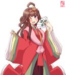  1girl alternate_costume artist_logo blush brown_hair cowboy_shot crown dated double_bun eyebrows_visible_through_hair fan folding_fan hair_between_eyes hair_ornament highres japanese_clothes kanon_(kurogane_knights) kantai_collection kimono kongou_(kantai_collection) long_hair long_sleeves looking_at_viewer obi one_eye_closed open_mouth saishi sash signature simple_background smile solo violet_eyes white_background wide_sleeves 