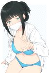  1girl bikini blue_bikini breasts cleavage folded_ponytail green_eyes half_updo hassu highres hood hood_down hoodie large_breasts long_hair looking_at_viewer navel nekoume open_clothes open_hoodie sidelocks sitting solo ssss.gridman surgical_mask swimsuit v white_hoodie 