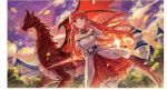  1girl bangs bare_shoulders blue_eyes building clouds detached_sleeves dragon dress dutch_angle hand_up heterochromia highres long_hair mento original outdoors purple_sky red_eyes red_skirt redhead skirt smile standing tree white_dress white_legwear 