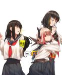  3girls absurdres armband bangs black_hair black_skirt eyebrows_visible_through_hair eyepatch fang finger_to_mouth girls_frontline green_hair hair_between_eyes headgear highres long_hair long_sleeves m16a1_(girls_frontline) m4_sopmod_ii_(girls_frontline) m4a1_(girls_frontline) multicolored_hair multiple_girls neckerchief pleated_skirt red_eyes red_neckwear ro635_(dinergate) school_uniform sd_bigpie serafuku shirt shushing simple_background skirt speech_bubble streaked_hair white_background white_shirt 