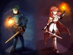  1boy 1girl absurdres alm_(fire_emblem) armor artist_name black_gloves cape celica_(fire_emblem) circlet closed_mouth detached_collar dress fingerless_gloves fire fire_emblem fire_emblem_echoes:_mou_hitori_no_eiyuuou flame gloves green_eyes green_hair hairband highres holding holding_sword holding_weapon lazymimium long_hair nintendo red_eyes redhead short_hair stairs sword twitter_username weapon 