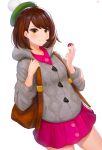  1girl backpack bag bangs blush brown_hair closed_eyes creatures_(company) dutch_angle edward_montenegro eyebrows_visible_through_hair female_protagonist_(pokemon_swsh) game_freak green_hat grey_cardigan hat holding holding_poke_ball hood hood_down hooded_cardigan long_sleeves miniskirt nail_polish nintendo orange_eyes pink_nails pink_shirt pink_skirt poke_ball poke_ball_(generic) pokemon pokemon_(game) pokemon_swsh pom_pom_(clothes) shirt short_hair signature simple_background skirt smile solo swept_bangs white_background 