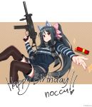  1girl absurdres animal_ears artist_name black_hair black_legwear black_skirt bow breasts cat_ears closed_mouth commentary commission cosplay english_commentary fikkyun gift girls_frontline gun hair_bow happy_birthday highres holding holding_gun holding_weapon jewelry large_breasts long_hair looking_at_viewer miniskirt noihara_himari omamori_himari pink_bow pleated_skirt ponytail ring scarf skirt smile solo striped striped_scarf striped_sweater sweater thigh-highs ump45_(girls_frontline) ump45_(girls_frontline)_(cosplay) very_long_hair violet_eyes weapon wedding_band zettai_ryouiki 