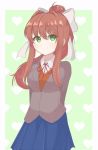  1girl arms_behind_back blue_skirt border bow breasts brown_hair brown_vest chocomiru collar commentary doki_doki_literature_club english_commentary eyebrows_visible_through_hair green_background green_eyes hair_bow heart heart_print long_hair medium_breasts monika_(doki_doki_literature_club) neck_ribbon ponytail raised_eyebrows red_neckwear red_ribbon ribbon school_uniform sidelocks skirt smile solo vest white_border white_bow white_collar 