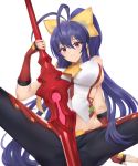  1girl blazblue blazblue:_central_fiction blue_hair breasts ei1han gloves highres holding holding_spear holding_weapon large_breasts looking_at_viewer mai_natsume polearm smile solo spear violet_eyes weapon 