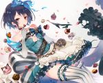  1girl alice_(sinoalice) apron bare_shoulders blue_hair blue_skirt bow breasts cake candy chains checkered_ribbon chocolate chocolate_heart choker cleavage cleavage_cutout collarbone elbow_gloves food frilled_skirt frills fruit gloves hair_bow heart highres jewelry looking_at_viewer magic mcmcmococo medium_breasts mouth_hold pink_eyes pocket_watch ribbon short_hair sinoalice skirt solo striped thigh-highs thighs watch zettai_ryouiki 