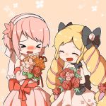  &gt;_&lt; 2girls black_bow blonde_hair blush bouquet bow closed_eyes cute dress elise_(fire_emblem_if) fire_emblem fire_emblem_heroes fire_emblem_if flower hair_bow hairband holding holding_bouquet intelligent_systems long_hair multicolored_hair multiple_girls nintendo open_mouth pink_hair purple_hair sakura_(fire_emblem_if) short_hair shunrai simple_background strapless strapless_dress twintails wedding_dress 