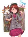  1girl absurdres backpack bag bangs brown_eyes brown_hair closed_mouth collared_shirt copyright_name creatures_(company) dress_shirt female_protagonist_(pokemon_swsh) game_freak gen_8_pokemon green_hat grey_sweater hat highres holding holding_poke_ball hood hooded_sweater long_sleeves looking_at_viewer miniskirt nintendo open_mouth poke_ball pokemon pokemon_(creature) pokemon_(game) pokemon_swsh purple_shirt purple_skirt scorbunny shirt short_hair skirt smile solo sweater tam_o&#039;_shanter tokage_(ragou_boss) 