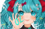  1girl :p aqua_hair bangs blush bow commentary_request gotoh510 hair_between_eyes hair_bow hair_ornament hand_up hatsune_miku long_hair looking_at_viewer ok_sign portrait red_bow simple_background solo tongue tongue_out vocaloid white_background x_hair_ornament 