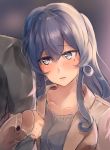  1girl 1other alternate_costume arm_hug blouse blue_eyes blue_hair brown_coat coat collarbone commentary_request eyebrows_visible_through_hair gotland_(kantai_collection) grey_blouse hair_bun highres kantai_collection long_hair looking_to_the_side miyako_(00727aomiyako) mole mole_under_eye upper_body 