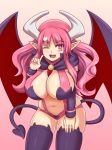  1girl ;d black_legwear breasts capelet commentary cowboy_shot demon_girl demon_tail demon_wings detached_sleeves disgaea english_commentary eyebrows_visible_through_hair eyes_visible_through_hair fang gradient gradient_background heart heart-shaped_pupils highres horns huge_breasts index_finger_raised leaning_forward long_hair looking_at_viewer nav navel one_eye_closed open_mouth pink_background pink_eyes pink_hair pointy_ears simple_background skindentation smile solo succubus succubus_(disgaea) symbol-shaped_pupils tail thigh-highs wavy_hair wings 