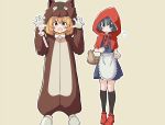  2girls :d absurdres animal_costume apron basket big_bad_wolf_(grimm) big_bad_wolf_(grimm)_(cosplay) black_hair black_legwear blonde_hair blush_stickers boots bow bowtie capelet claw_pose commentary_request cosplay drawstring eyebrows_visible_through_hair eyes_visible_through_hair fangs flying_sweatdrops full_body green_eyes hair_between_eyes highres hiyama_yuki hood hood_up hooded_capelet kaban_(kemono_friends) kemono_friends kneehighs little_red_riding_hood_(grimm) little_red_riding_hood_(grimm)_(cosplay) looking_at_viewer multiple_girls open_mouth orange_eyes outline pom_pom_(clothes) red_capelet red_footwear serval_(kemono_friends) short_hair simple_background smile standing v-shaped_eyebrows waist_apron white_outline wolf_costume 