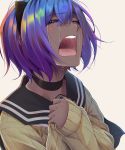  choker closed_eyes commentary_request crying fate/prototype fate/prototype:_fragments_of_blue_and_silver fate_(series) hairband hassan_of_serenity_(fate) highres open_mouth purple_hair school_uniform serafuku short_hair shunga_(shun608) simple_background sleeves_past_wrists tears teeth white_background 