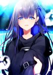  1girl bangs black_coat blue_eyes blue_ribbon blurry blurry_background blush eyebrows_visible_through_hair fate/grand_order fate_(series) hair_ribbon highres long_hair long_sleeves meltlilith open_mouth ponita pov pov_hands purple_hair ribbon sleeves_past_wrists smile solo upper_body very_long_hair water_drop 