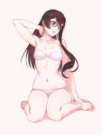  1girl alternate_costume arm_up armpits bangs bare_legs bare_shoulders barefoot bikini black_hair blush breasts closed_mouth collarbone commentary_request eyebrows_visible_through_hair glasses green_eyes hair_between_eyes hairband highres kantai_collection long_hair looking_away looking_down looking_to_the_side navel ooyodo_(kantai_collection) semi-rimless_eyewear simple_background sitting skindentation small_breasts solo swimsuit under-rim_eyewear wariza white_bikini yuuji_(and) 
