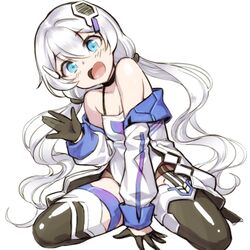  1girl arm_support bare_shoulders black_gloves blue_eyes blush eyebrows_visible_through_hair gloves hair_between_eyes hair_ornament hairclip honkai_(series) honkai_impact_3 long_hair long_sleeves looking_at_viewer mismatched_legwear myurumyuru open_mouth seiza sidelocks silver_hair sitting smile solo theresa_apocalypse twintails very_long_hair waving white_background 