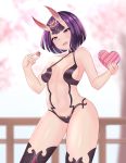  1girl :d absurdres bangs blunt_bangs breasts breasts_apart collarbone commentary contrapposto cowboy_shot eyeshadow fangs fate/grand_order fate_(series) forehead_jewel gradient_horns half-closed_eyes hands_up head_tilt highres holding looking_at_viewer makeup medium_breasts navel oni_horns open_mouth purple_hair red_eyeshadow red_horns revealing_clothes short_eyebrows short_hair shuten_douji_(fate/grand_order) sideboob smile solo standing thick_eyebrows violet_eyes w_arms 