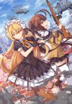  2girls absurdres ahoge aircraft battle_rifle blonde_hair brown_hair commentary earrings frills girls_frontline grin gun handgun helicopter highres jewelry kaiyi looking_at_viewer looking_back m14 m14_(girls_frontline) magazine_(weapon) maid_headdress multiple_girls off_shoulder pantyhose pistol polka_dot polka_dot_legwear ppk_(girls_frontline) rifle single_earring skirt smile thigh-highs trigger_discipline twintails walther walther_ppk weapon yellow_eyes 