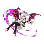  1girl black_legwear bow demon_wings floating_hair frilled_bow frills full_body hair_between_eyes hair_bow highres holding holding_staff layered_skirt long_hair looking_at_viewer midriff miniskirt navel official_art pink_bow print_legwear shiny shiny_hair silver_hair skirt sleeveless solo staff stomach sword_art_online thigh-highs thokk_(sao) transparent_background twintails very_long_hair wings wristband yellow_eyes 