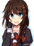  1girl artist_name blue_eyes blush braid brown_hair check_commentary commentary commentary_request eyebrows_visible_through_hair fingerless_gloves gloves hair_between_eyes hair_flaps hair_ornament kantai_collection mashayuki shigure_(kantai_collection) single_braid smile solo twitter_username 