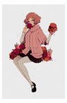  1girl brown_eyes brown_hair commentary cup disposable_cup dripping floral_print flower food french_fries hamburger holding holding_food ivxxx mary_janes okumura_haru persona persona_5 pink_sweater plaid plaid_skirt print_legwear ribbed_sweater rose shoes shuujin_academy_uniform skirt solo sweater white_legwear 