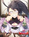  1girl ahoge angry bibyo black_hair breasts bridal_gauntlets clenched_teeth company_name copyright_name cracked floral_print flower glasses indoors japanese_clothes kimono logo official_art ponytail sengoku_bushouki_muramasa small_breasts solo standing table tatami teeth violet_eyes 
