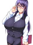  1girl bangs black_legwear blush breasts business_suit eyebrows_visible_through_hair formal glasses large_breasts long_hair looking_at_viewer glasses_man mole mole_under_mouth original pantyhose pencil_skirt purple_hair simple_background skirt sleeves_past_wrists smile solo suit vest violet_eyes white_background 