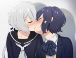  2girls aumann bangs black_sailor_collar blazer blue_bow blue_jacket blue_neckwear blue_shirt blush bow bowtie closed_eyes collared_shirt commentary_request eyebrows_visible_through_hair flower french_kiss hair_flower hair_ornament head_tilt jacket kiss konno_junko long_hair low_twintails mizuno_ai multiple_girls neckerchief nose_blush open_clothes open_jacket plaid plaid_bow plaid_neckwear profile sailor_collar shirt short_hair silver_hair twintails upper_body wall white_neckwear white_shirt wing_collar yuri zombie_land_saga 