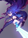  1girl attack attacking_viewer belt blue_eyes blue_hair boots cape elbow_gloves eyes_visible_through_hair fingerless_gloves fire_emblem fire_emblem:_kakusei floating_hair foreshortening gloves glowing glowing_sword glowing_weapon hair_between_eyes hands_up highres jumping leaning_forward liyart long_hair looking_at_viewer lucina nintendo open_mouth outstretched_arm outstretched_leg pantyhose sidelocks solo symbol-shaped_pupils thigh-highs thigh_boots tiara torn_clothes torn_legwear torn_sleeves tsurime tunic v-shaped_eyebrows weapon 