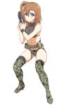  1girl belt bikini black_legwear blue_eyes blush boots bow breasts brown_hair camouflage camouflage_bikini camouflage_bow camouflage_footwear cleavage full_body gun hair_between_eyes hair_bow highres holding holding_gun holding_weapon kousaka_honoka love_live! love_live!_school_idol_project medium_breasts navel see-through shiny shiny_hair short_hair side_ponytail simple_background solo stance swimsuit tetopetesone thigh-highs thigh_boots weapon white_background 