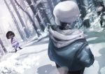  =_= ahoge closed_eyes dated forest frisk_(undertale) from_behind highres hood hoodie nature sans shirt shorts skeleton snow striped striped_shirt tree undertale 