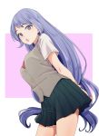  1girl :o arms_behind_back black_skirt blue_eyes boku_no_hero_academia breasts commentary_request drill_hair eyebrows_visible_through_hair from_below hadou_nejire hanamame highres large_breasts light_blue_hair long_hair looking_at_viewer pleated_skirt school_uniform shirt short_sleeves simple_background skirt solo sweater_vest upper_teeth very_long_hair white_shirt 