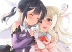  2019 2girls :d ascot bangs black_hair blurry blurry_foreground blush breasts cape closed_eyes closed_mouth depth_of_field detached_sleeves earrings eyebrows_visible_through_hair fate/kaleid_liner_prisma_illya fate_(series) feathers gloves hair_between_eyes hair_feathers hair_ornament hairclip hand_holding hijiri_ruka illyasviel_von_einzbern interlocked_fingers jewelry leotard light_brown_hair long_sleeves miyu_edelfelt multiple_girls one_side_up open_mouth pink_feathers pink_shirt pink_sleeves prisma_illya purple_leotard purple_sleeves red_neckwear shirt signature simple_background sleeveless sleeveless_shirt small_breasts smile tears twintails water_drop white_background white_cape white_gloves x_hair_ornament 