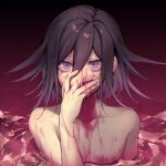  1boy bare_arms bare_chest bare_shoulders black_hair blood bloody_hands collarbone commentary_request covering_mouth dangan_ronpa dark_background hair_between_eyes highres in_water looking_at_viewer nanin new_dangan_ronpa_v3 ouma_kokichi pink_blood pink_water purple_hair short_hair simple_background solo violet_eyes water 